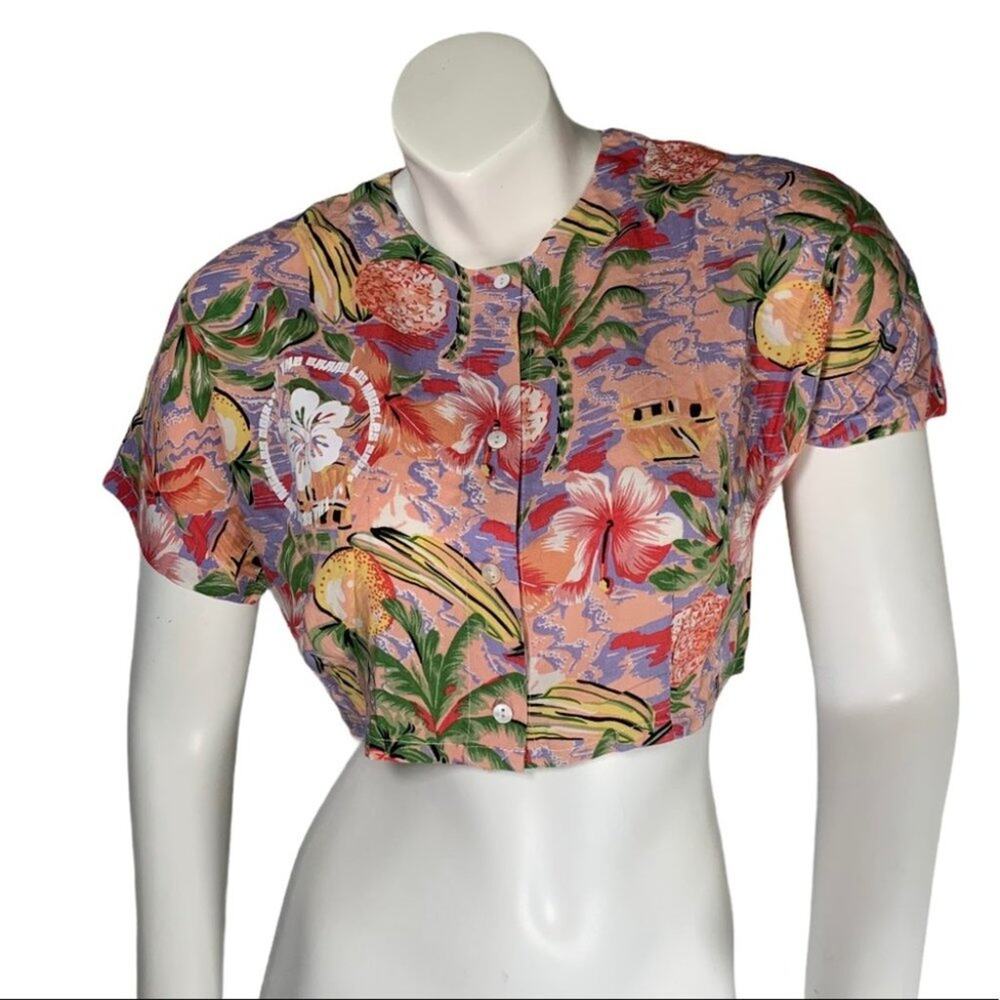 LF crop top Small Hawaiian floral button front short sleeve NWT